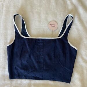 Camila Coelho Navy Linen Blend crop top
